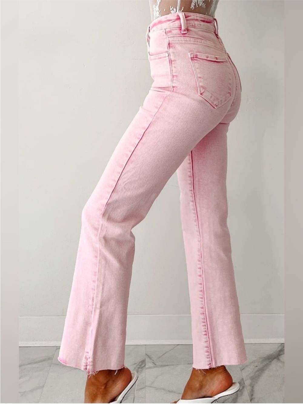 Risen Acid Pink High-Rise Straight Leg Jeans with Raw Hem - Picture 3 of 12